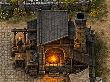 A stone forge with its furnace lit