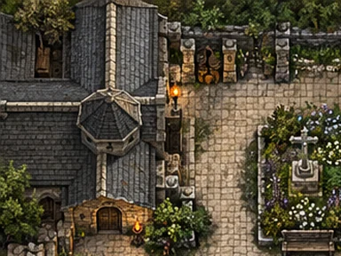 A stone guild hall with a courtyard